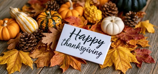 Fototapeta premium A cozy fall arrangement of autumn leaves and vibrant gourds displayed on rustic wood for Thanksgiving.