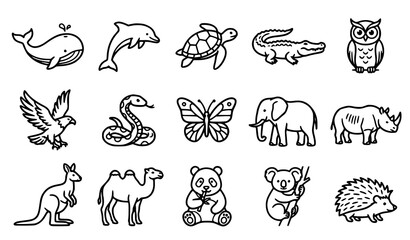 Obraz premium Hand Drawn Wild Animal Collection with Whale Dolphin Turtle Crocodile Owl Elephant and Kangaroo Line Art
