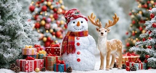 Fototapeta premium Snowman and reindeer stand amid decorated pine trees and vibrant gifts in a magical winter forest.