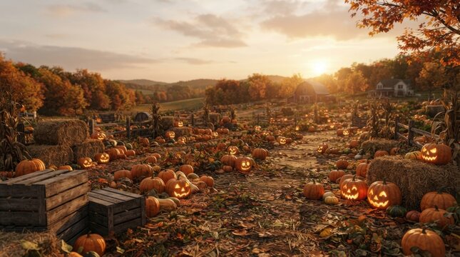 Sunlit Autumn Country Field with Carved Pumpkins