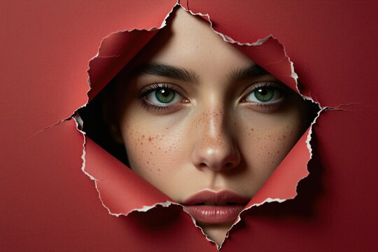 Young woman with green eyes and freckles peeks through torn red paper. Her face is partially hidden, creating a sense of mystery and intrigue. This close-up shot focuses on her expressive gaze.