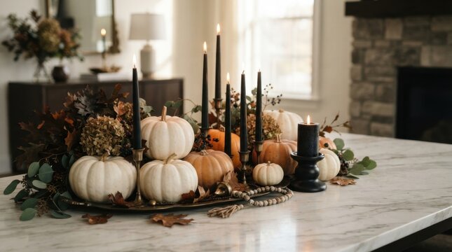 White Pumpkins and Black Candles Dining Table