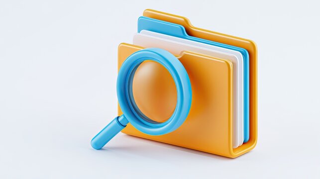 3D cartoon yellow folder with blue magnifying glass, file retrieval, document search, data lookup, archive management office digital concept on simple white background