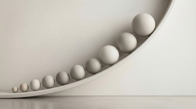 Row of spheres increasing in size on a curved track representing growth and progression.