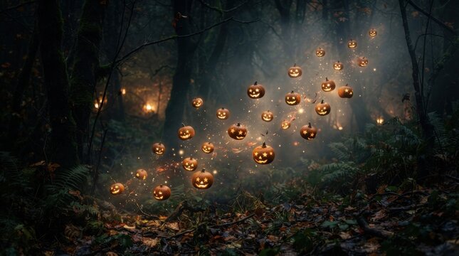 Glowing Jack O Lanterns Floating in Spooky Woods
