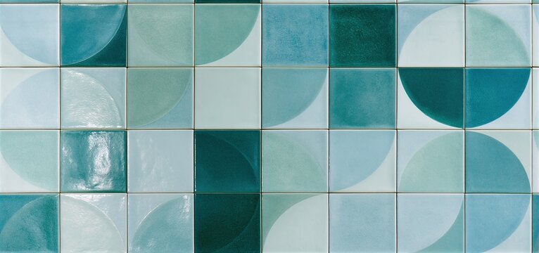 Glossy ceramic tiles featuring a modern geometric pattern in soft teal and aqua tones ideal for contemporary interiors.