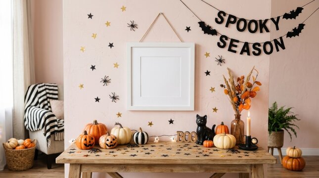 Blank Picture Frame Mockup in Halloween Room Decor
