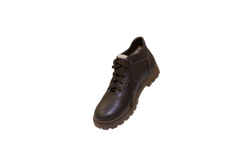 Men's winter leather boots, Dark brown men's leather winter boots with fur lining isolated on white background. © retbool