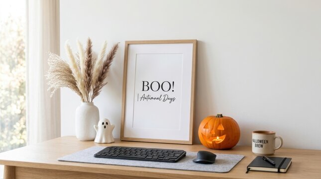 Clean Office Workspace Decorated for Halloween Season