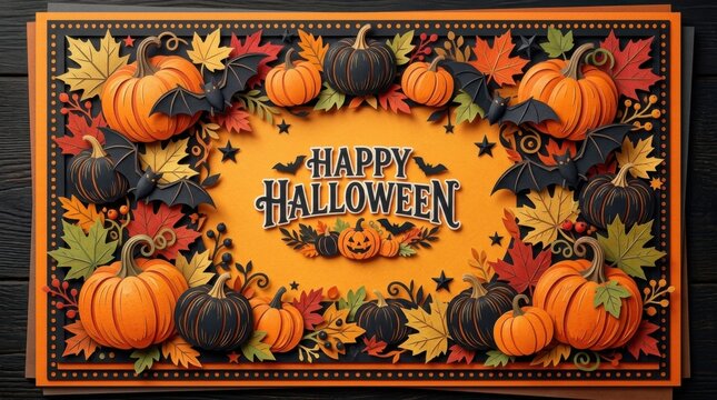 Happy Halloween Welcome Mat Decorated with Autumn Leaves