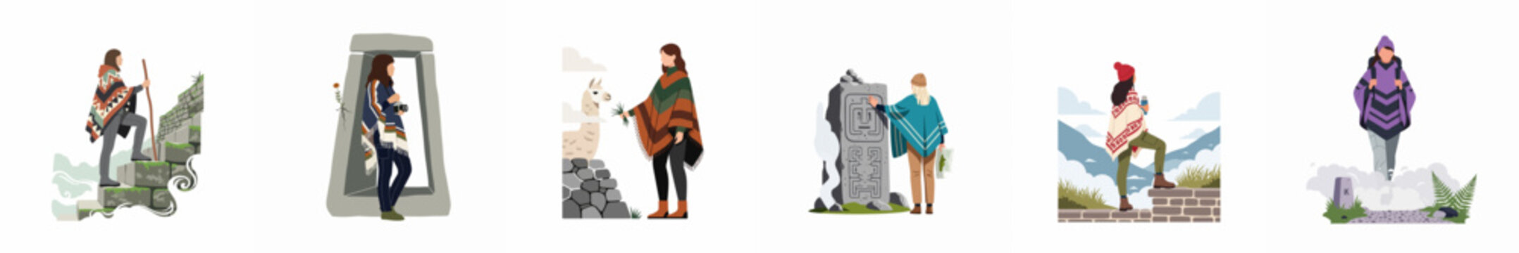 Collection of six flat vector illustrations depicting travelers exploring the Andes mountains, visiting ancient ruins like Machu Picchu, and interacting with llamas.