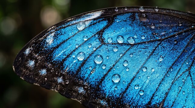 Vibrant blue morpho butterfly wing with water droplets. Macro detail of iridescent butterfly wing texture. Tropical insect wing with rain drops.