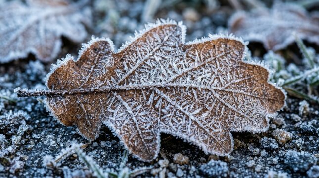 Macro shot of brown oak leaf covered in white frost crystals on cold ground