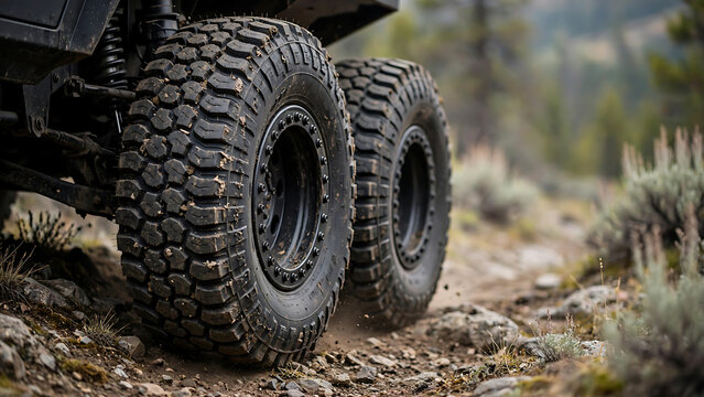 Close Up View of Heavy Duty All Terrain Tires on a Six-Wheel Drive Off-Road Vehicle Navigating Through Rocky Mountain Wilderness Trails