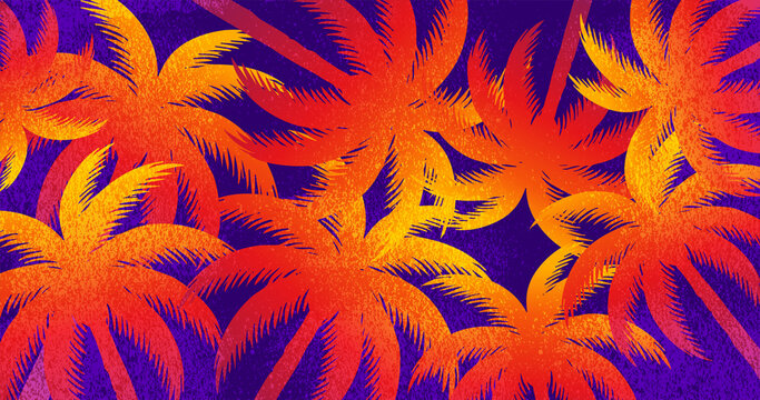 dense orange palm foliage pattern against deep dark blue