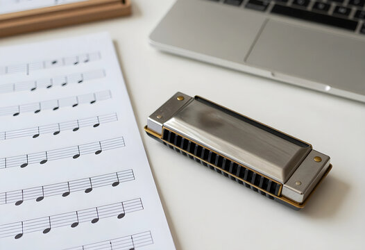 Harmonica and sheet music on a white desk with a laptop, music education and creative hobby