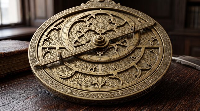 Antique brass astrolabe on wooden desk, vintage astronomical instrument for navigation, ornate bronze celestial map in library