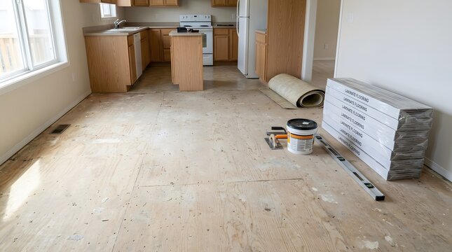 Kitchen subfloor ready for laminate flooring installation work