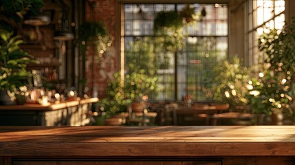 Fototapeta premium Sunlit, plant-filled cafe interior with rustic charm