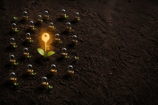 Golden key illuminating a seedling surrounded by light bulbs in soil, symbolizing growth and innovation