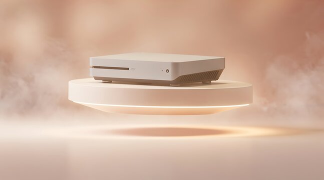 Minimalist Futuristic Video Game Console Floating on Pedestal with Mist Background 3D Illustration