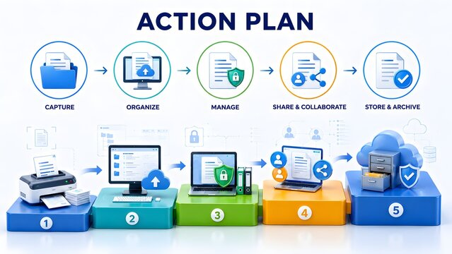 Five step digital action plan infographic for document management. Concept of secure cloud storage and corporate data archiving.