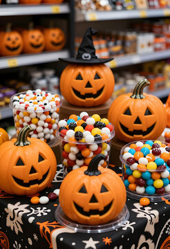 Halloween jack-o-lanterns and colorful candies on a festive black tablecloth with holiday decorations, a jack-o-lantern wearing a witch hat stands prominently among other smiling pumpkins
