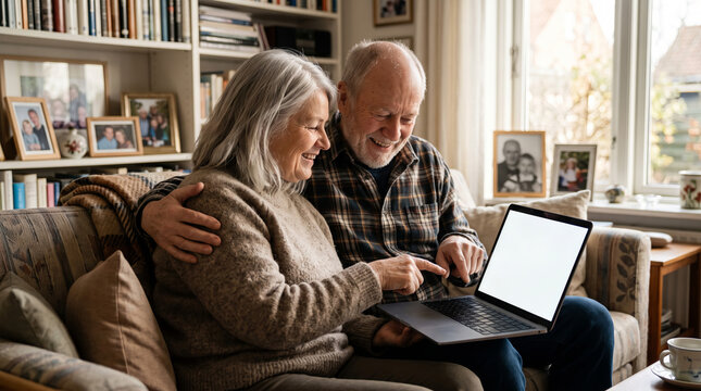 Senior couple looking at laptop computer mockup screen at home together