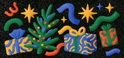 Fototapeta premium Holiday greeting card featuring decorated pine, wrapped gifts, vibrant stars, and joyful seasonal motifs.