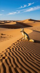 Naklejka premium Wild desert fox sits alone on high golden sand dune. Small mammal watches horizon in arid landscape under clear blue sky. Sunny weather illuminates dry region. Natural wildlife environment provides