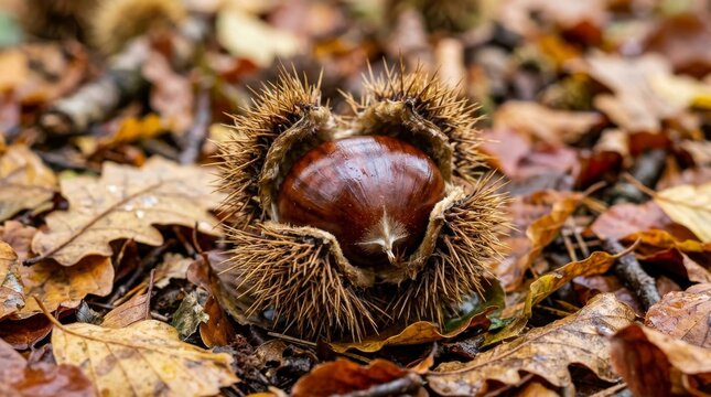 Close up of a fresh ripe chestnut in its thorny husk surrounded by fallen autumn leaves on the ground