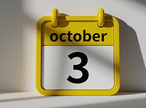 Yellow calendar icon displays third of October date on white background. Minimalist 3d wall planner shows important autumn day for scheduling business events office meetings. Modern graphic design