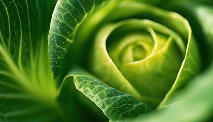 Obraz premium Closeup of a fresh, vibrant green cabbage, showing its layered, textured, and swirling inner core