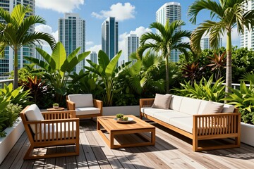 Fototapeta premium Modern rooftop lounge with wooden furniture and lush tropical plants offers city views. Outdoor seating area features a sofa, chairs, and coffee table, perfect for relaxation.