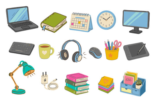  Colorful school workspace vector illustrations set with laptop, monitor, keyboard, books, calendar, headphones, desk lamp, stationery, organizer and study essentials in flat  style.