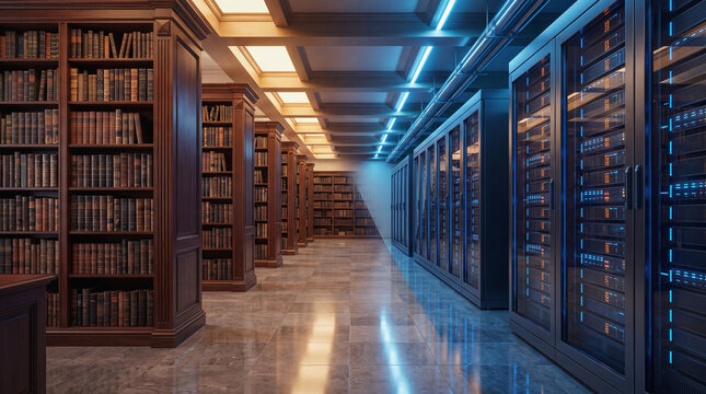 library transitioning into modern data center server room with server racks