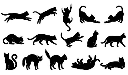 Fototapeta premium Collection of black cat silhouettes in various playful and curious poses