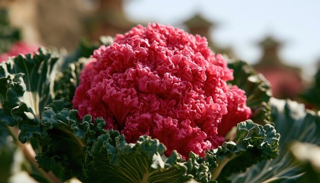 Vibrant pink frilly cabbage with textured green leaves