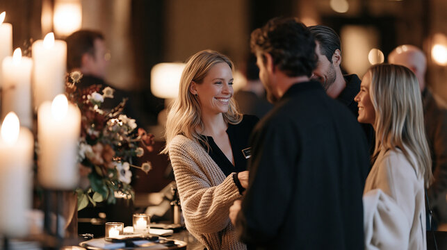 A hotel customer greeter and a newly arrived couple share a warm candlelit lobby moment, the atmospheric glow of evening entrance lighting illuminating their genuine welcoming