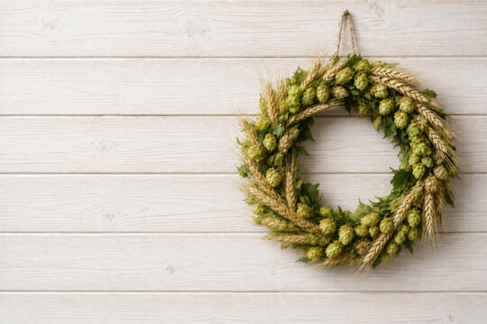 Hop and wheat wreath on white wooden wall. Space for text.