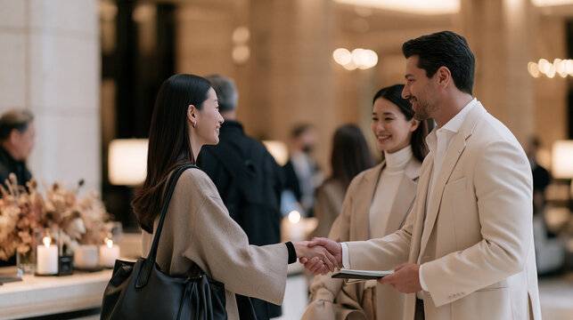 A hotel customer greeter and a newly arrived couple share a warm candlelit lobby moment, the atmospheric glow of evening entrance lighting illuminating their genuine welcoming