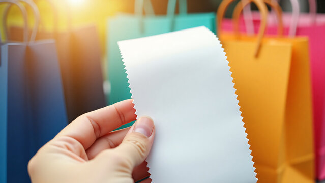 Hand Holding Receipt Against Retail Bags