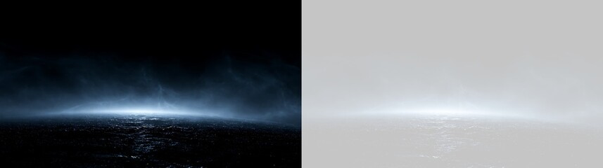 Fototapeta premium Futuristic planet surface with glowing horizon and cosmic nebula. Sci-fi landscape element overlay with blue atmospheric light