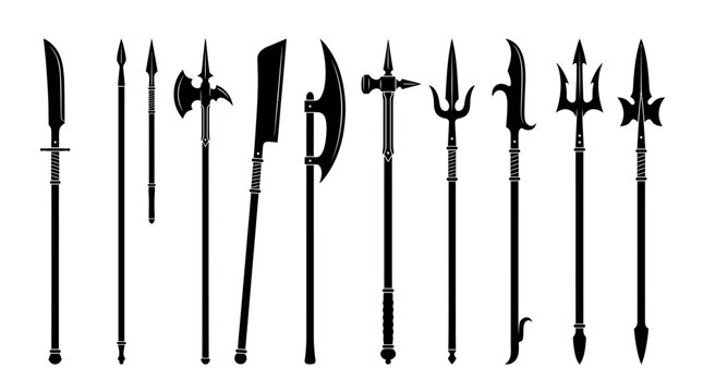 Medieval polearm collection featuring sharp steel blades and decorative wood handles in a professional vector illustration