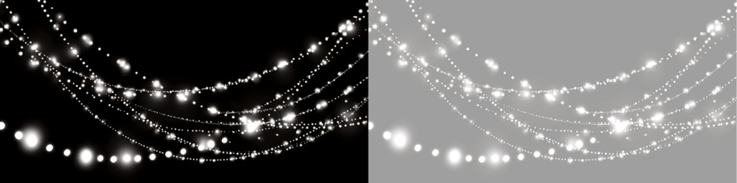 White fairy lights garland overlay. Sparkling hanging string lights border on transparent background