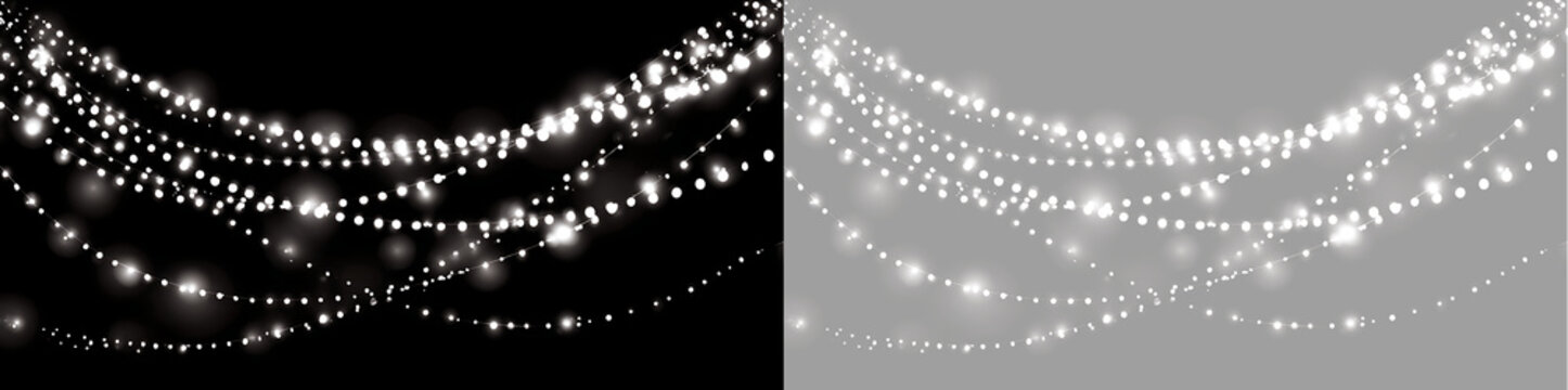 Glowing fairy lights garland overlay. Christmas hanging string lights border for festive designs
