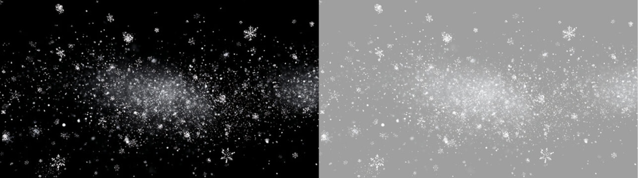 Snowflake particle stream and winter blizzard overlay. Crystal snow flurry on transparent and black background for Christmas design