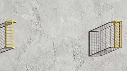 Fototapeta premium Soccer neighborhood street goal shadow concrete wall urban sport. Children play football sport game. urban neighbourhood community recreation, friends team friendship ball