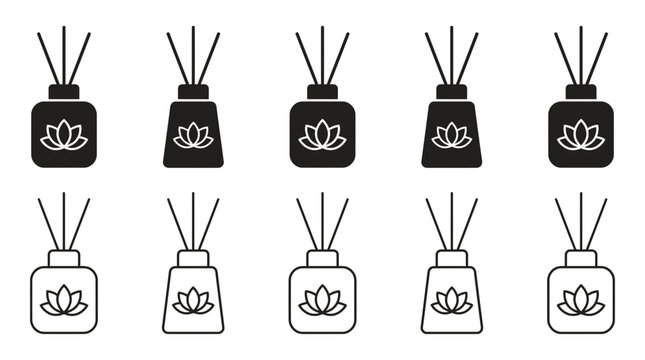 Minimalist black and white aroma diffuser vector illustration featuring lotus flower icons for home spa decor