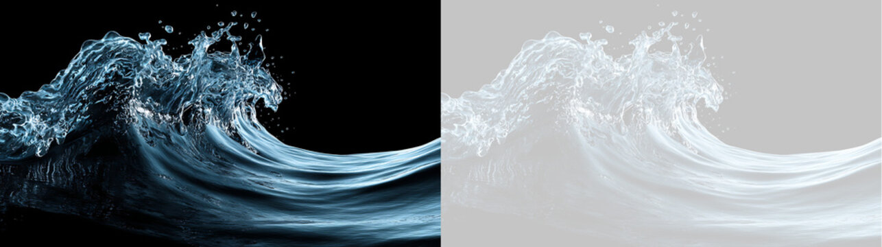 Dynamic breaking water wave splash with drops. Clear blue ocean surge isolated on transparent background. Fresh liquid banner design element